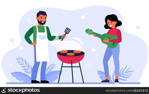 Couple having barbeque party outdoors. Bearded man grilling meat and woman playing guitar flat vector illustration. Barbeque party concept for banner, website design or landing web page