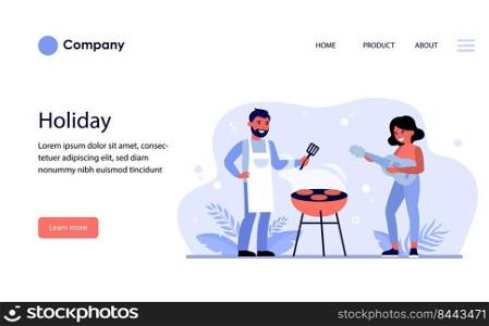 Couple having barbeque party outdoors. Bearded man grilling meat and woman playing guitar flat vector illustration. Barbeque party concept for banner, website design or landing web page