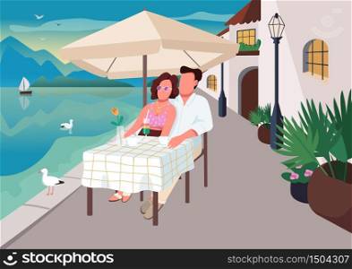 Couple having breakfast in seaside resort cafe flat color vector illustration. Wife and husband in restaurant. Man and woman drinking cocktails 2D cartoon characters with seascape on background. Couple having breakfast in seaside resort cafe flat color vector illustration