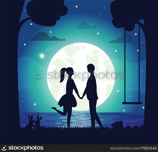 Couple having date at night vector, man and woman holding hands standing on bank of lake. Big moon and shining stars, rabbit in grass, tree silhouette. Romantic Atmosphere, Couple Moon and Lake at Nigh