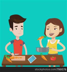 Couple having fun cooking together fresh healthy vegetables. Young couple preparing vegetable meal. Caucasian couple cooking healthy vegetable meal. Vector flat design illustration. Square layout.. Couple cooking healthy vegetable meal.