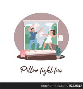 Couple having fun social media post mockup. Pillow fight phrase. Friends recreation. Web banner design template. Booster, content layout with inscription. Poster, print ads and flat illustration. Couple having fun social media post mockup