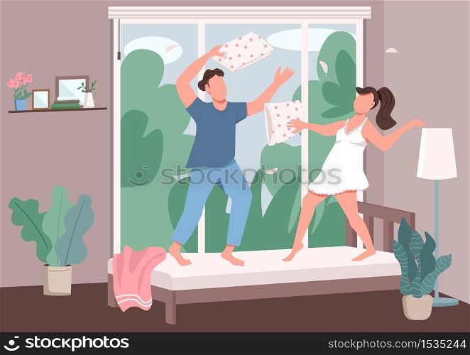 Couple having fun together flat color vector illustration. Boyfriend and girlfriend pillow fight. Playful pair leisure activity at home. 2D cartoon characters with bedroom interior on background. Couple having fun together flat color vector illustration
