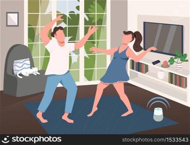 Couple having fun together flat color vector illustration. Playful pair leisure activity at home. Boyfriend and girlfriend dancing 2D cartoon characters with living room interior on background. Couple having fun together flat color vector illustration