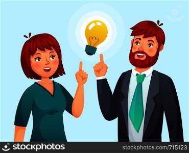 Couple having idea. Husband and wife have solution, adult male and female solved problem or ideas lamp metaphor. Imagination problems or business meeting cartoon vector illustration. Couple having idea. Husband and wife have solution, adult male and female solved problem or ideas lamp cartoon vector illustration