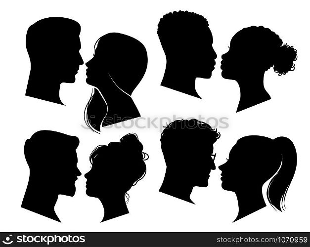 Couple heads in profile. Man and woman silhouettes, black outline face to face anonymous profiles. Avatar isolated adult portraits of people falling in love vector set. Couple heads in profile. Man and woman silhouettes, black outline face to face anonymous profiles. Avatar portraits vector set