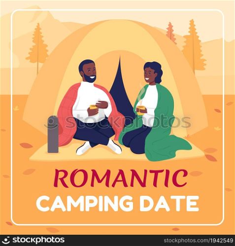 Couple hiking in fall social media post mockup. Romantic camping date phrase. Web banner design template. Autumn booster, content layout with inscription. Poster, print ads and flat illustration. Couple hiking in fall social media post mockup