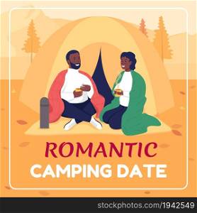 Couple hiking in fall social media post mockup. Romantic camping date phrase. Web banner design template. Autumn booster, content layout with inscription. Poster, print ads and flat illustration. Couple hiking in fall social media post mockup