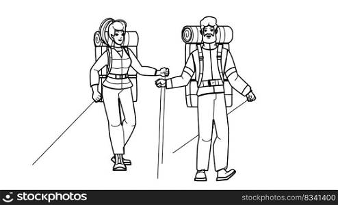 couple hiking line pencil drawing vector. nature woman, happy adventure man, together backpack, active male, leisure walking, hike travel couple hiking character. people Illustration. couple hiking vector