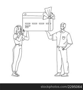 Couple Hold Loyalty Card Of Store Discount Black Line Pencil Drawing Vector. Man And Woman Holding Client Loyalty Card Gift For Make Purchase With Special Price in Shop. Characters Shopaholic. Couple Hold Loyalty Card Of Store Discount Vector