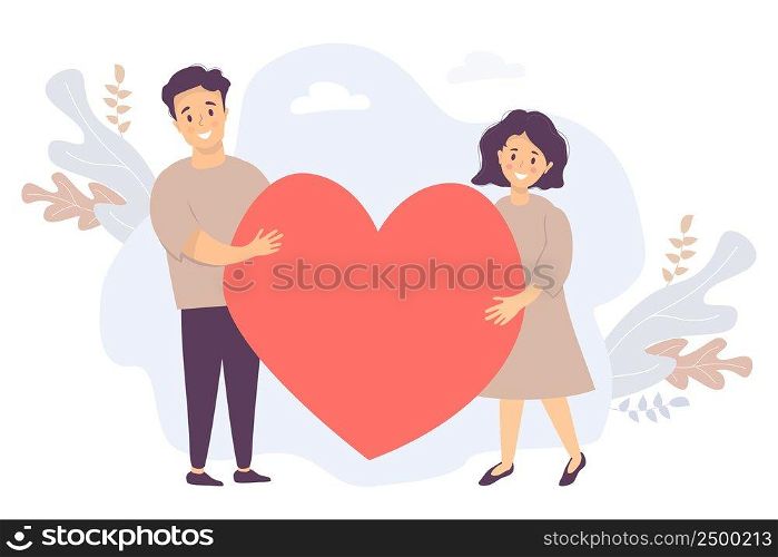 Couple holding a heart. Happy young man and woman holding a big red heart the background of tropical leaves. Vector illustration for love, relationship, family concept, falling in love and romance