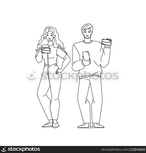 Couple Holding Credit Card For Shopping Black Line Pencil Drawing Vector. Man And Woman Hold Bank Credit Card For Making Online Purchase And Buying Goods In Shop. Characters Shopaholic Illustration. Couple Holding Credit Card For Shopping Vector