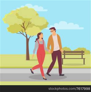 Couple holding hands and going together in park, young people walking outdoor, portrait view of male and female in casual clothes, leisure vector. Girlfriend and Boyfriend in Park, Couple Vector
