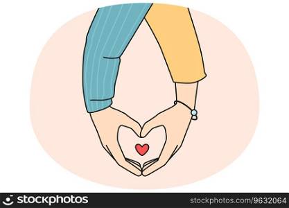 Couple holding hands show heart sign with fingers. Man and woman demonstrate love symbol feel love and affection. Relationship concept. Vector illustration.. Couple holding hands showing heart symbol