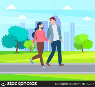 Couple holding hands walking outdoors, cartoon style boyfriend and girlfriend. People in love and summer season, man and woman walking outdoors, buildings. Couple Holds Hands Walking Outdoors, Cartoon Style