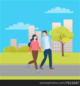 Couple holding hands walking outdoors, cartoon style boyfriend and girlfriend. People in love and summer season, man and woman walking outdoors, buildings. Flat cartoon. Couple Holds Hands Walking Outdoors, Cartoon Style