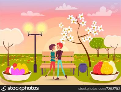 Couple holds each other hands and looks eyes to eyes near streetlight and wooden bench, between flower beds vector illustration.. Couple Looks Eyes to Eyes in Park near Streetlight