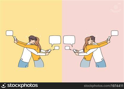Couple hug text message on cellphone cheating online. Man and woman lovers embrace have communication on internet on smartphone. Social media, relations. Flat vector illustration. . Couple hug texting on cellphone online cheating