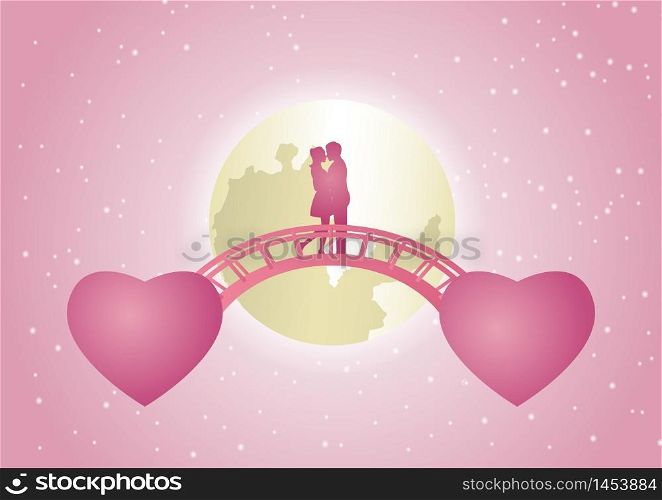 couple hug together and kiss on bridge that link between flying heart shape. concept art mean love link by heart. vector illustration