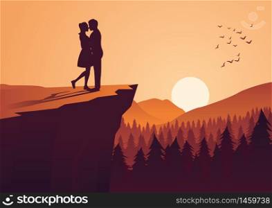 couple hug together near cliff and close to a pine forest,silhouette style,vector illustration