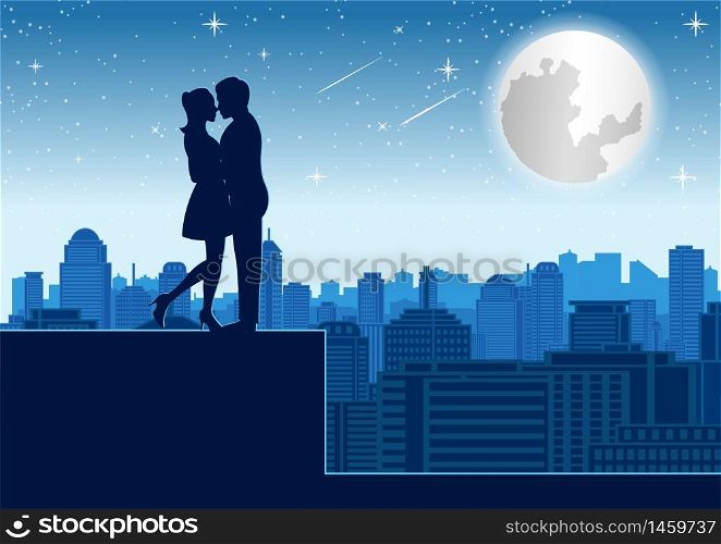 couple hug together near tower roof top around with skyscraper,silhouette style,vector illustration