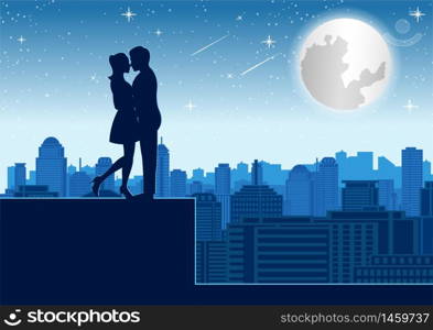 couple hug together near tower roof top around with skyscraper,silhouette style,vector illustration