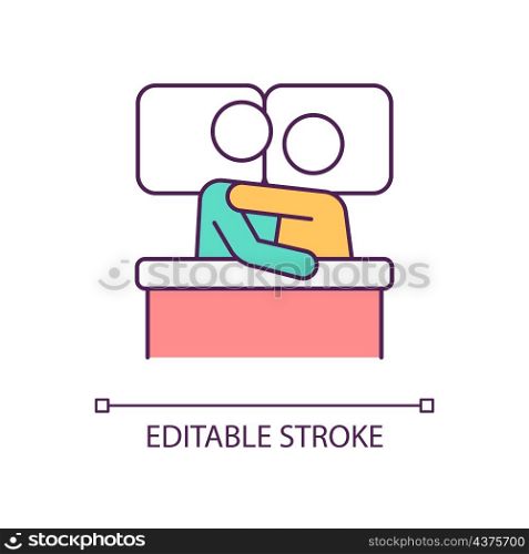 Couple hugging in bed RGB color icon. Love and relationship. Cuddle in morning. Partners in bedroom. Isolated vector illustration. Simple filled line drawing. Editable stroke. Arial font used. Couple hugging in bed RGB color icon