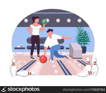 Couple in bowling alley 2D vector web banner, poster. Two people play game. Friends flat characters on cartoon background. Weekend sport activity printable patch, colorful web element. Couple in bowling alley 2D vector web banner, poster