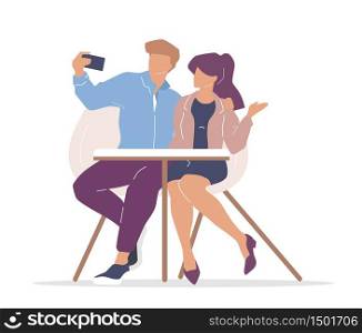 Couple in cafe flat color vector faceless characters. Boyfriend and girlfriend taking selfie. Man and woman in coffeehouse isolated cartoon illustration for web graphic design and animation. Couple in cafe flat color vector faceless characters
