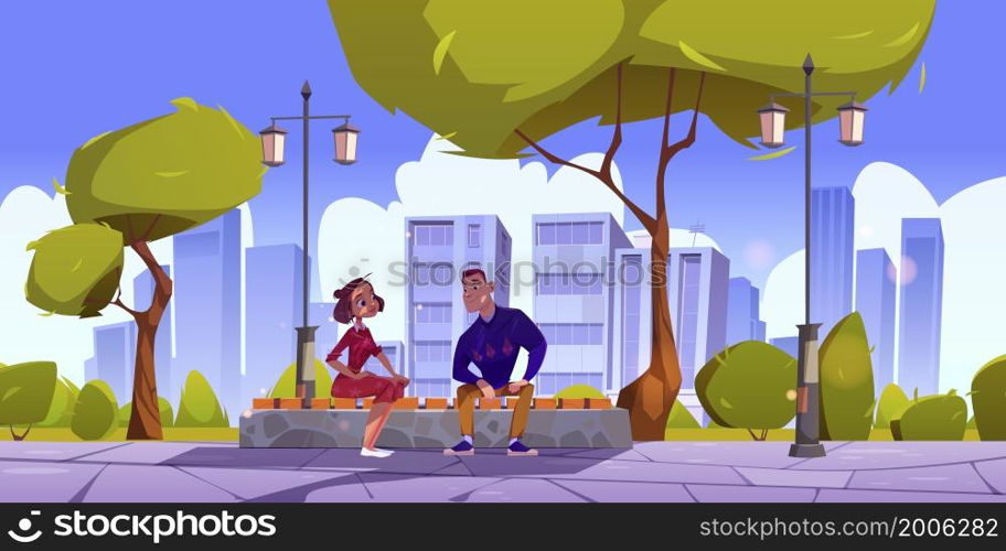 Couple in city park, young man and woman sitting on bench having friendly conversation. Characters dating, spend time outdoors together at town garden with cityscape view, Cartoon vector illustration. Couple in city park, young man and woman on bench