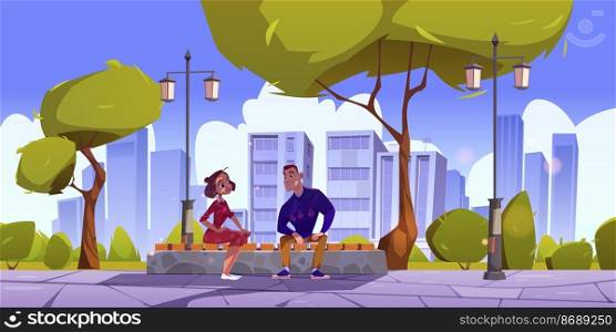 Couple in city park, young man and woman sitting on bench having friendly conversation. Characters dating, spend time outdoors together at town garden with cityscape view, Cartoon vector illustration. Couple in city park, young man and woman on bench