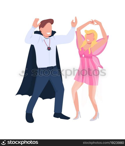 Couple in costumes dancing semi flat color vector characters. Dynamic figure. Full body people on white. Party isolated modern cartoon style illustration for graphic design and animation. Couple in costumes dancing semi flat color vector characters