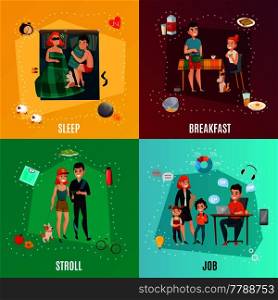 Couple in daily routine design concept including sleep, breakfast, stroll, job, infographic elements isolated vector illustration. Couple In Daily Routine Concept