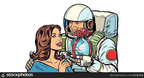 Couple in love. Astronaut gives a woman the Earth. isolate on white background Pop art retro vector illustration drawing kitsch vintage. Couple in love. Astronaut gives a woman the Earth isolate on white background