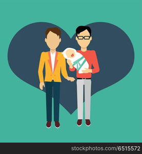 Couple in Love Banner Flat Design. Couple in love homosexual young family man with a newborn baby. In the background of the heart silhouette. Romantic banner flat together male a gay couple, vector illustration