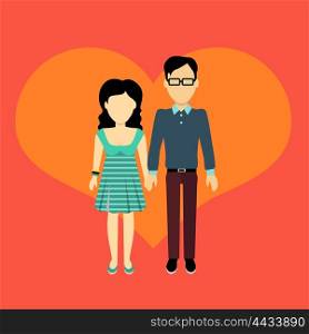 Couple in love banner flat design style. Man and woman, boy and girl holding hands. In the background of the heart silhouette. Romantic banner flat together male and female, vector illustration