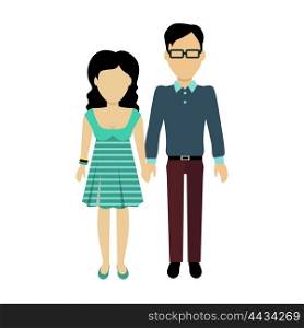Couple in love banner flat design style. Man and woman, boy and girl holding hands. In the background. Romantic banner flat together male and female, vector illustration