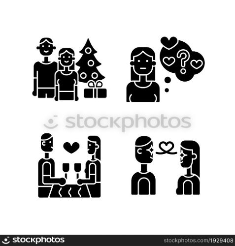 Couple in love black glyph icons set on white space. Love at first sight. Spending holidays together. Doubting stage of relationship. Silhouette symbols. Vector isolated illustration. Couple in love black glyph icons set on white space