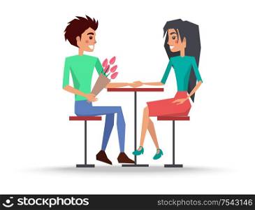Couple in love boy and girl sitting on chairs at table in cafe vector illustration isolated on white. Male presents bouquet of flowers. Couple in Love Boy and Girl Vector Illustration