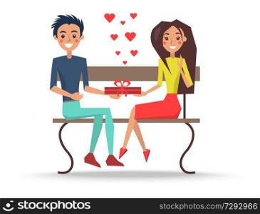 Couple in love boy and girl sitting on wooden bench holding present box with flying hearts vector illustration. Valentines day concept. Boy and Girl Sitting on Wooden Bench Vector