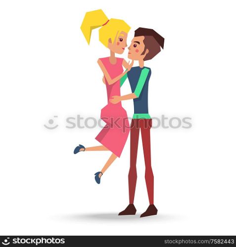 Couple in love boy and girl vector illustration isolated on white. Teenage male holds blonde female on hands and going to kiss. Couple in Love Boy and Girl Vector Illustration