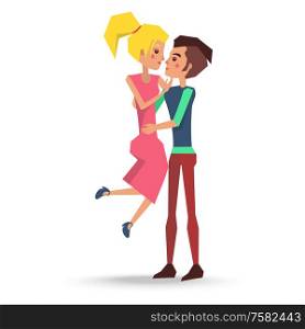 Couple in love boy and girl vector illustration isolated on white. Teenage male holds blonde female on hands and going to kiss. Couple in Love Boy and Girl Vector Illustration