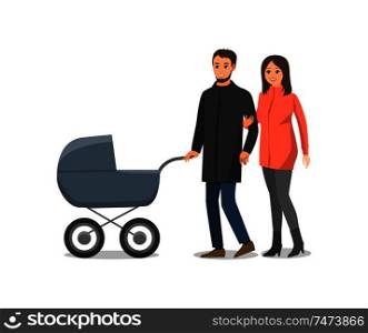 Couple in love family with pram isolated people walking together vector. Male and female having fun outdoor with child, newborn baby in perambulator. Couple in Love Family with Pram Isolated Vector
