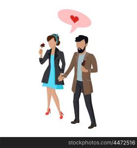 Couple in love flat style vector. Dating concept. Making offer on vacation. Man and women walking, holding hands and eating ice-cream illustration. Isolated on white background. Red heart in pink speak bubble.
