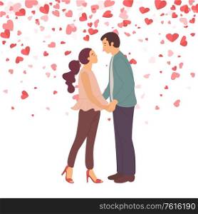 Couple in love going to kiss, lady on high heels and guy isolated on backdrop with hearts. Cartoon characters male and female standing and gently hugging. Couple in Love Going to Kiss, Lady and Guy Vector