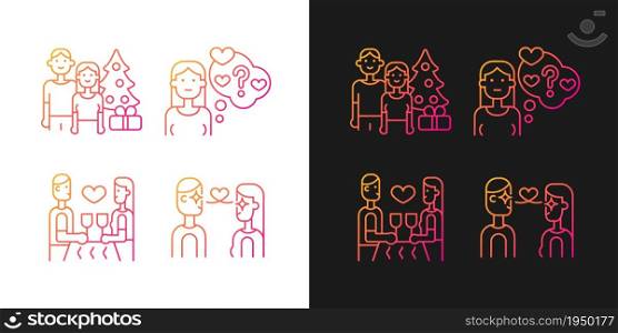 Couple in love gradient icons set for dark and light mode. Spending holidays. Doubting stage. Thin line contour symbols bundle. Isolated vector outline illustrations collection on black and white. Couple in love gradient icons set for dark and light mode