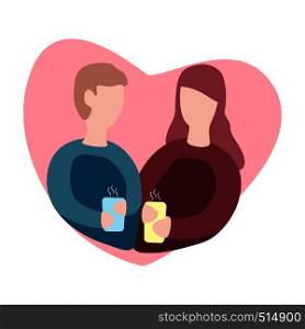 Couple in love holding mugs in hand and talk. Vector illustration for Valentine s day greeting card. Vector illustration for Valentine s day greeting card