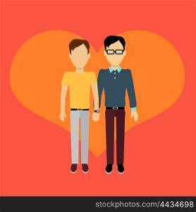 Couple in love homosexual banner flat design style. Man and boy holding hands. In the background of the heart silhouette. Romantic banner flat together male a gay couple, vector illustration