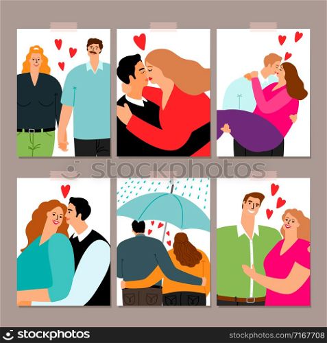 Couple in love, hugging and kissing couples, cards collection, vector illustration. Couple in love cards collection