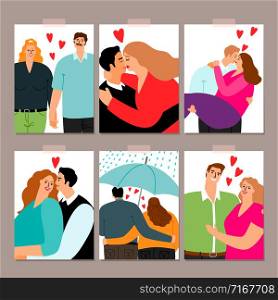 Couple in love, hugging and kissing couples, cards collection, vector illustration. Couple in love cards collection